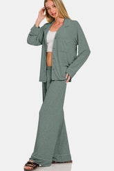 Zenana Button Down Long Sleeve Top and Pants Lounge Set OutfitFlow